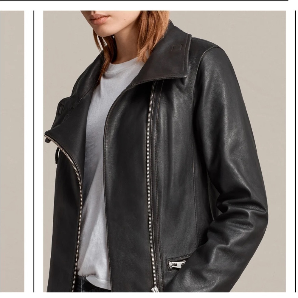 AllSaints Bales Leather Biker Jacket Black Lamb Leather Asymmetric Zip – US 0 - Picture 3 of 10